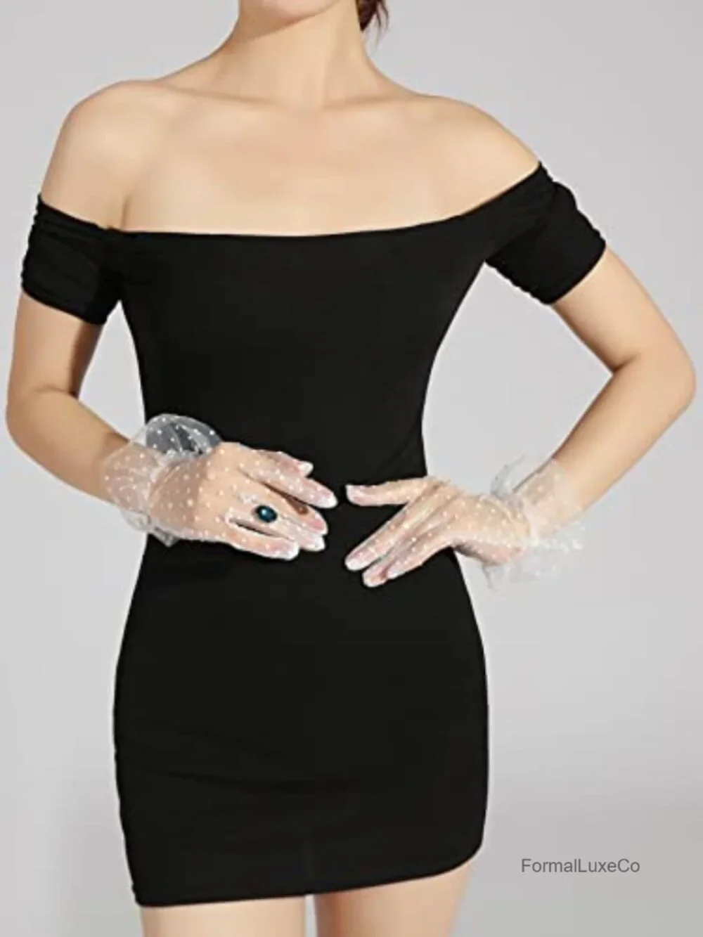 Sheer Mesh Polka Dots Pearls Ruffle Trim Tea Party Gloves